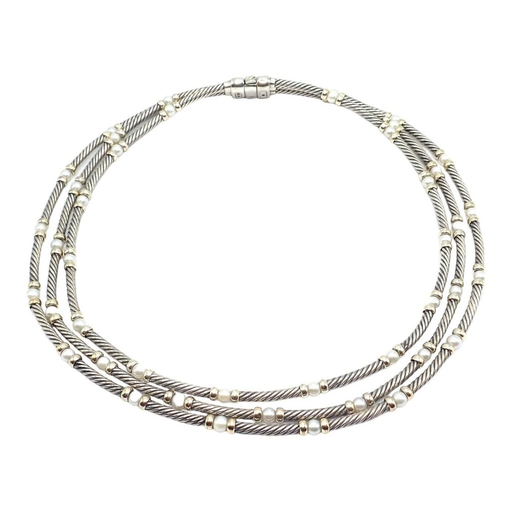 David Yurman DY Sterling Silver 14k Yellow Gold 3 Cable 3mm Pearl Necklace 15"